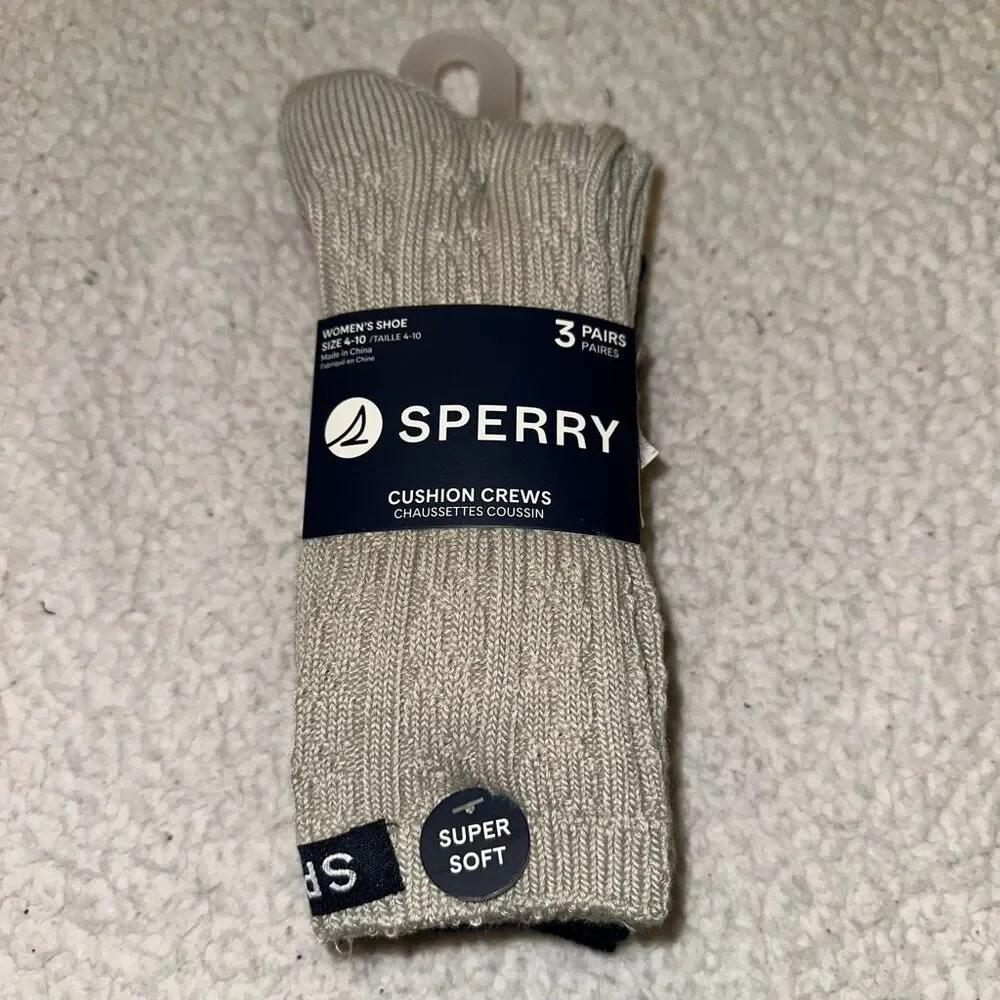 Sperry Women’s Cushion Crew Socks Pack of 3 Cable Knit Tan Navy Blue Pink NWT